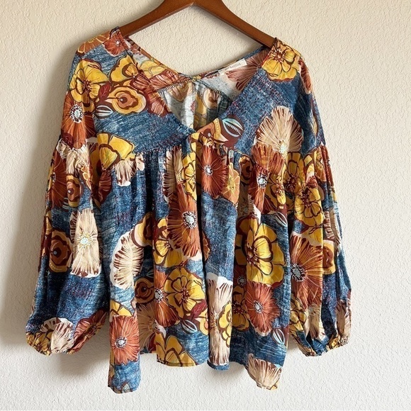 Bucketlist Floral Babydoll Flowy Blouse Boho Size L - Picture 1 of 9